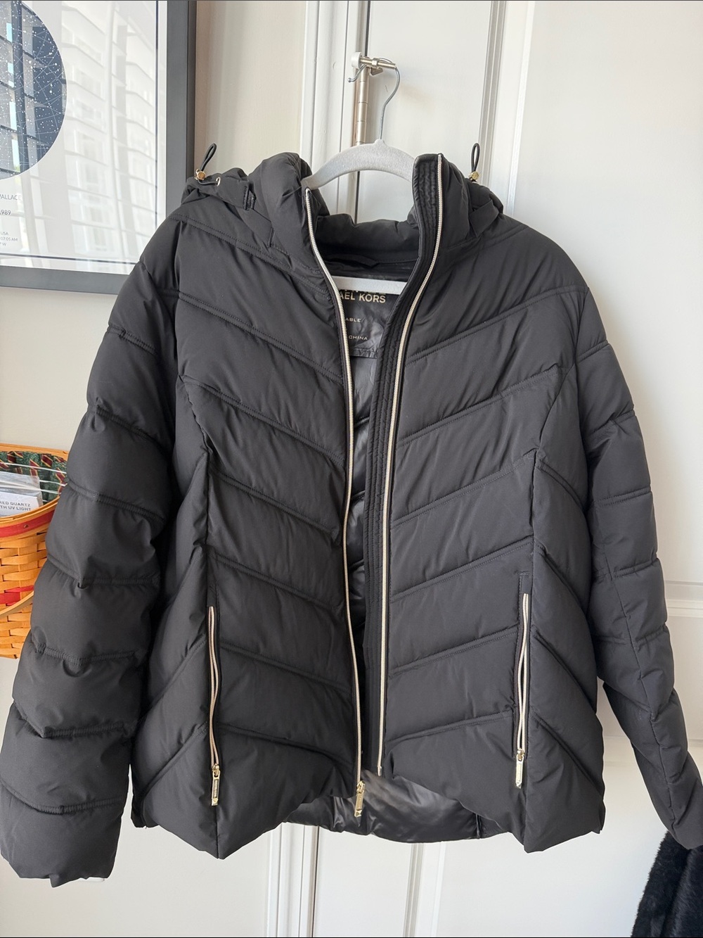 Michael Kors Black Packable Hooded Puffer with Gold Zippers